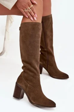 Best Kozaki Damskie Z Naturalnego Zamszu Ocieplane Obcas Słupek Sergio Leone KZ25668-S Oliwkowe Damskie Kozaki Ocieplane|Kozaki Na Słupku