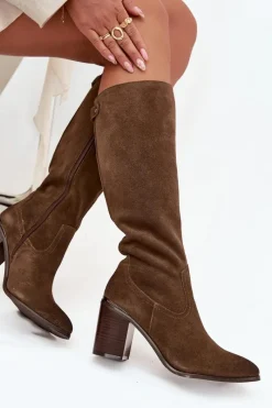 Best Kozaki Damskie Z Naturalnego Zamszu Ocieplane Obcas Słupek Sergio Leone KZ25668-S Oliwkowe Damskie Kozaki Ocieplane|Kozaki Na Słupku