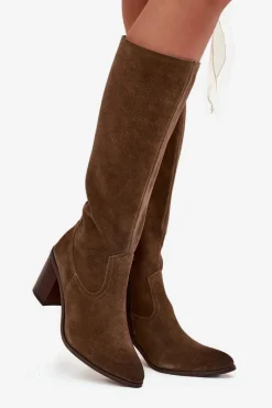 Best Kozaki Damskie Z Naturalnego Zamszu Ocieplane Obcas Słupek Sergio Leone KZ25668-S Oliwkowe Damskie Kozaki Ocieplane|Kozaki Na Słupku