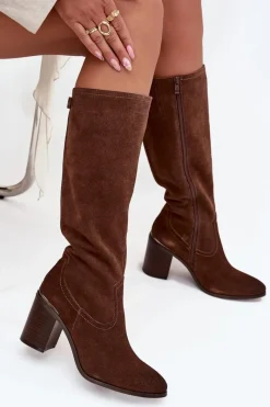 Discount Kozaki Damskie Z Naturalnego Zamszu Ocieplane Obcas Słupek Sergio Leone KZ25668-S Brązowe Damskie Kozaki Ocieplane|Kozaki Na Słupku