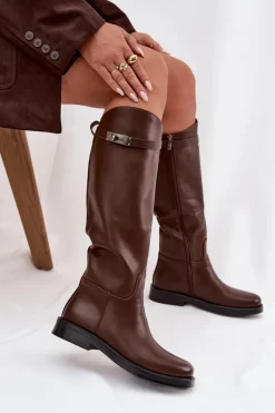 Kozaki Ocieplane|Muszkieterki></noscript>Boto Kozaki Damskie Z Ozdobnym Paskiem Eko Skórzane Czekoladowe Palisse