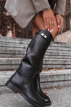 Kozaki Ocieplane|Muszkieterki></noscript>Boto Kozaki Damskie Z Ozdobnym Paskiem Eko Skórzane Czarne Palisse