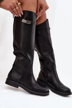 Kozaki Ocieplane|Muszkieterki></noscript>Boto Kozaki Damskie Z Ozdobnym Paskiem Eko Skórzane Czarne Palisse