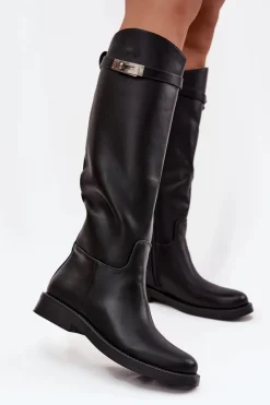 Kozaki Ocieplane|Muszkieterki></noscript>Boto Kozaki Damskie Z Ozdobnym Paskiem Eko Skórzane Czarne Palisse