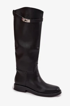 Kozaki Ocieplane|Muszkieterki></noscript>Boto Kozaki Damskie Z Ozdobnym Paskiem Eko Skórzane Czarne Palisse