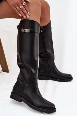 Kozaki Ocieplane|Muszkieterki></noscript>Boto Kozaki Damskie Z Ozdobnym Paskiem Eko Skórzane Czarne Palisse