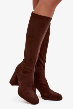 Best Boto Kozaki Damskie Z Przeszyciami Na Słupkowym Obcasie Brązowe Brivana