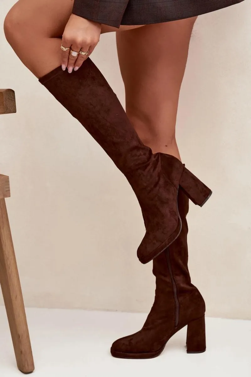 Best Boto Kozaki Damskie Z Przeszyciami Na Słupkowym Obcasie Brązowe Brivana