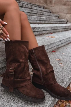 Discount Kozaki Damskie Z Wywiniętą Cholewką Do Połowy Łydki Z Klamrą Czekoladowe Minelle Damskie Kozaki Z Wywiniętą Cholewką|Kozaki Płaskie