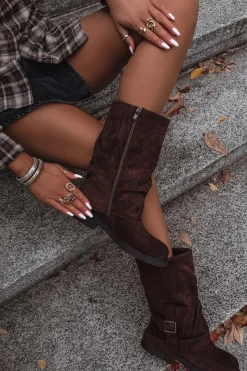 Discount Kozaki Damskie Z Wywiniętą Cholewką Do Połowy Łydki Z Klamrą Czekoladowe Minelle Damskie Kozaki Z Wywiniętą Cholewką|Kozaki Płaskie