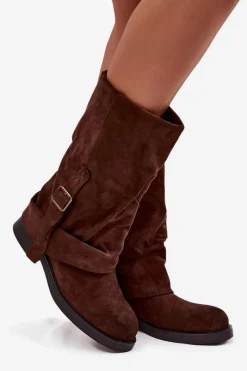 Discount Kozaki Damskie Z Wywiniętą Cholewką Do Połowy Łydki Z Klamrą Czekoladowe Minelle Damskie Kozaki Z Wywiniętą Cholewką|Kozaki Płaskie