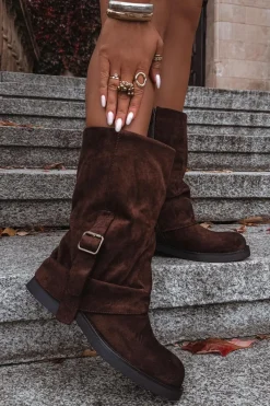 Discount Kozaki Damskie Z Wywiniętą Cholewką Do Połowy Łydki Z Klamrą Czekoladowe Minelle Damskie Kozaki Z Wywiniętą Cholewką|Kozaki Płaskie