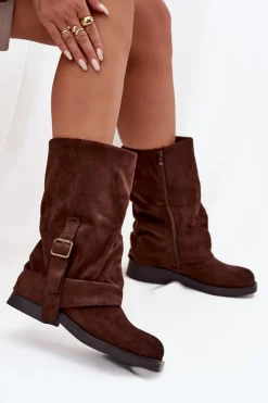 Discount Kozaki Damskie Z Wywiniętą Cholewką Do Połowy Łydki Z Klamrą Czekoladowe Minelle Damskie Kozaki Z Wywiniętą Cholewką|Kozaki Płaskie