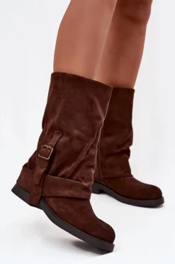 Discount Kozaki Damskie Z Wywiniętą Cholewką Do Połowy Łydki Z Klamrą Czekoladowe Minelle Damskie Kozaki Z Wywiniętą Cholewką|Kozaki Płaskie