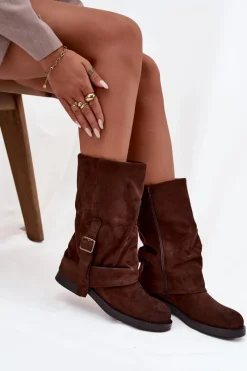 Discount Kozaki Damskie Z Wywiniętą Cholewką Do Połowy Łydki Z Klamrą Czekoladowe Minelle Damskie Kozaki Z Wywiniętą Cholewką|Kozaki Płaskie