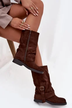 Discount Kozaki Damskie Z Wywiniętą Cholewką Do Połowy Łydki Z Klamrą Czekoladowe Minelle Damskie Kozaki Z Wywiniętą Cholewką|Kozaki Płaskie