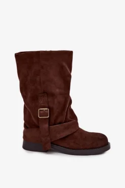 Discount Kozaki Damskie Z Wywiniętą Cholewką Do Połowy Łydki Z Klamrą Czekoladowe Minelle Damskie Kozaki Z Wywiniętą Cholewką|Kozaki Płaskie