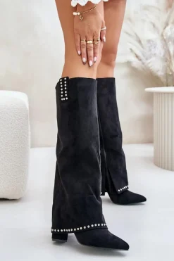 Hot Boto Kozaki Damskie Z Wywiniętą Cholewką Na Słupku Czarne Kaithena Czarny