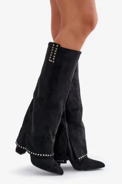 Hot Boto Kozaki Damskie Z Wywiniętą Cholewką Na Słupku Czarne Kaithena Czarny