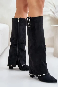 Hot Boto Kozaki Damskie Z Wywiniętą Cholewką Na Słupku Czarne Kaithena Czarny