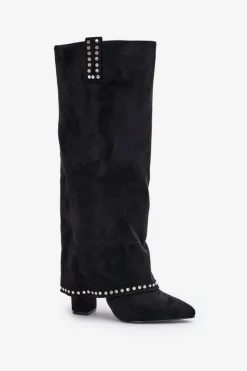 Hot Boto Kozaki Damskie Z Wywiniętą Cholewką Na Słupku Czarne Kaithena Czarny