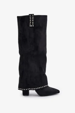 Hot Boto Kozaki Damskie Z Wywiniętą Cholewką Na Słupku Czarne Kaithena Czarny