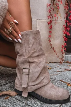 Kozaki Z Wywiniętą Cholewką|Kozaki Płaskie>Boto Kozaki Damskie Z Wywiniętą Cholewką Do Połowy Łydki Z Klamrą Khaki Minelle Beżowy