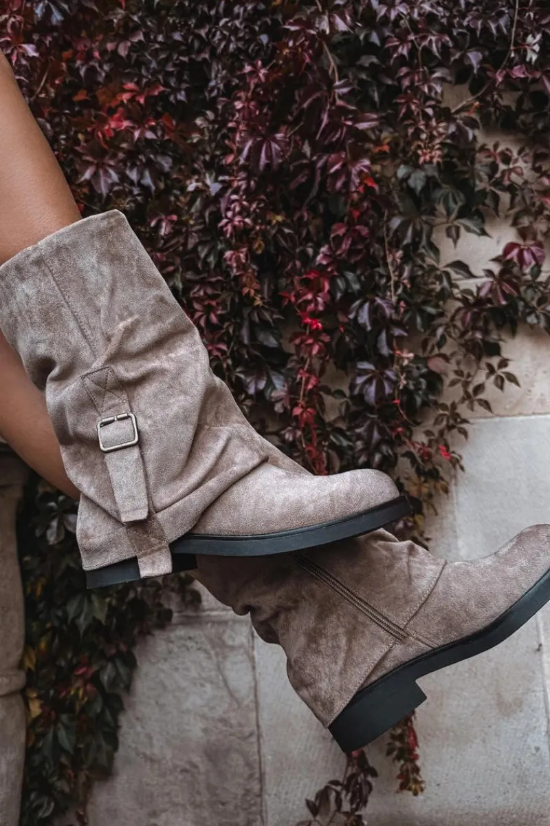 Kozaki Z Wywiniętą Cholewką|Kozaki Płaskie>Boto Kozaki Damskie Z Wywiniętą Cholewką Do Połowy Łydki Z Klamrą Khaki Minelle Beżowy