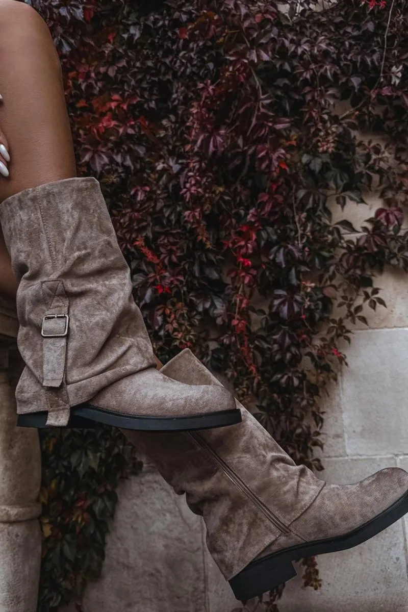 Kozaki Z Wywiniętą Cholewką|Kozaki Płaskie>Boto Kozaki Damskie Z Wywiniętą Cholewką Do Połowy Łydki Z Klamrą Khaki Minelle Beżowy