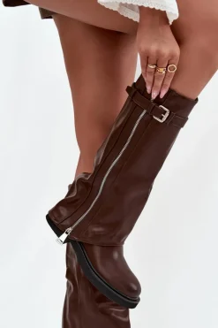 Outlet Kozaki Damskie Z Wywiniętą Cholewką Klamrą I Srebrnym Zamkiem Ocieplane Brązowe Bressa Damskie Kozaki Ocieplane|Kozaki Płaskie