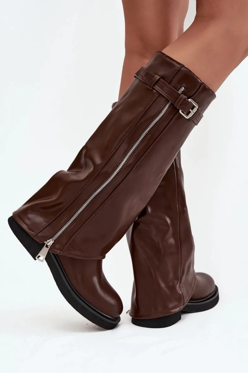 Outlet Kozaki Damskie Z Wywiniętą Cholewką Klamrą I Srebrnym Zamkiem Ocieplane Brązowe Bressa Damskie Kozaki Ocieplane|Kozaki Płaskie