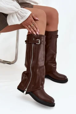 Outlet Kozaki Damskie Z Wywiniętą Cholewką Klamrą I Srebrnym Zamkiem Ocieplane Brązowe Bressa Damskie Kozaki Ocieplane|Kozaki Płaskie