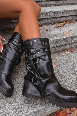 Kozaki Z Wywiniętą Cholewką|Kozaki Płaskie>Boto Kozaki Damskie Z Wywiniętą Cholewką Do Połowy Łydki Z Paskiem Czarne Darisa Czarny