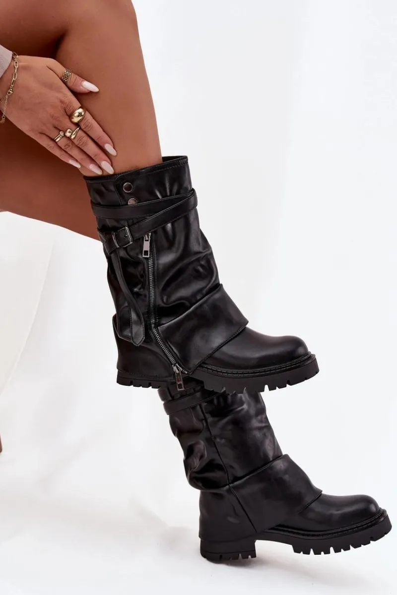 Kozaki Z Wywiniętą Cholewką|Kozaki Płaskie>Boto Kozaki Damskie Z Wywiniętą Cholewką Do Połowy Łydki Z Paskiem Czarne Darisa Czarny