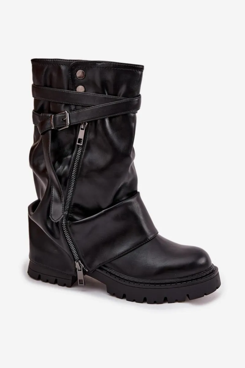 Kozaki Z Wywiniętą Cholewką|Kozaki Płaskie>Boto Kozaki Damskie Z Wywiniętą Cholewką Do Połowy Łydki Z Paskiem Czarne Darisa Czarny