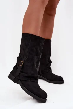 Hot Boto Kozaki Damskie Z Wywiniętą Cholewką Do Połowy Łydki Z Klamrą Czarne Minelle Czarny