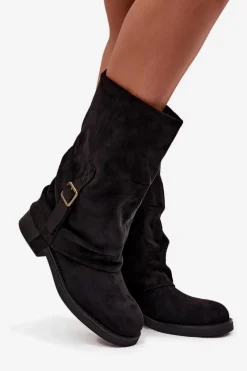 Hot Boto Kozaki Damskie Z Wywiniętą Cholewką Do Połowy Łydki Z Klamrą Czarne Minelle Czarny