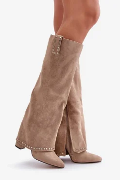 Clearance Boto Kozaki Damskie Z Wywiniętą Cholewką Na Słupku Beżowe Kaithena