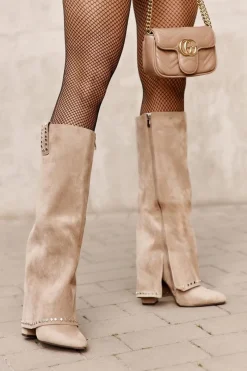 Clearance Boto Kozaki Damskie Z Wywiniętą Cholewką Na Słupku Beżowe Kaithena