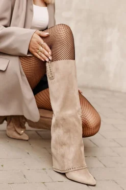 Clearance Boto Kozaki Damskie Z Wywiniętą Cholewką Na Słupku Beżowe Kaithena