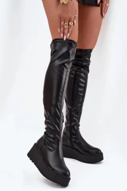 Kozaki Ocieplane|Muszkieterki>Boto Kozaki Damskie Za Kolano Na Platformie I Delikatnym Koturnie Czarne Lydira