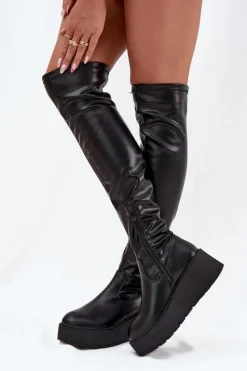Kozaki Ocieplane|Muszkieterki>Boto Kozaki Damskie Za Kolano Na Platformie I Delikatnym Koturnie Czarne Lydira