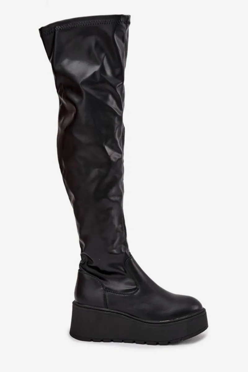 Kozaki Ocieplane|Muszkieterki>Boto Kozaki Damskie Za Kolano Na Platformie I Delikatnym Koturnie Czarne Lydira