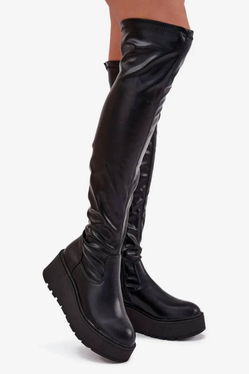 Kozaki Ocieplane|Muszkieterki>Boto Kozaki Damskie Za Kolano Na Platformie I Delikatnym Koturnie Czarne Lydira