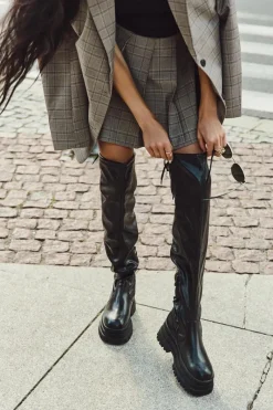 Outlet Boto Kozaki Damskie Za Kolano Na Masywnej Platformie Czarne Erisna