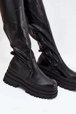 Outlet Boto Kozaki Damskie Za Kolano Na Masywnej Platformie Czarne Erisna