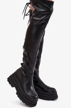 Outlet Boto Kozaki Damskie Za Kolano Na Masywnej Platformie Czarne Erisna