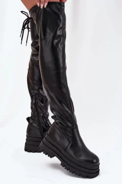 Outlet Boto Kozaki Damskie Za Kolano Na Masywnej Platformie Czarne Erisna