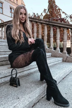 Muszkieterki|Kozaki Na Słupku>Boto Kozaki Damskie Za Kolano Na Słupku Eko Zamszowe Czarne Tahlina Czarny