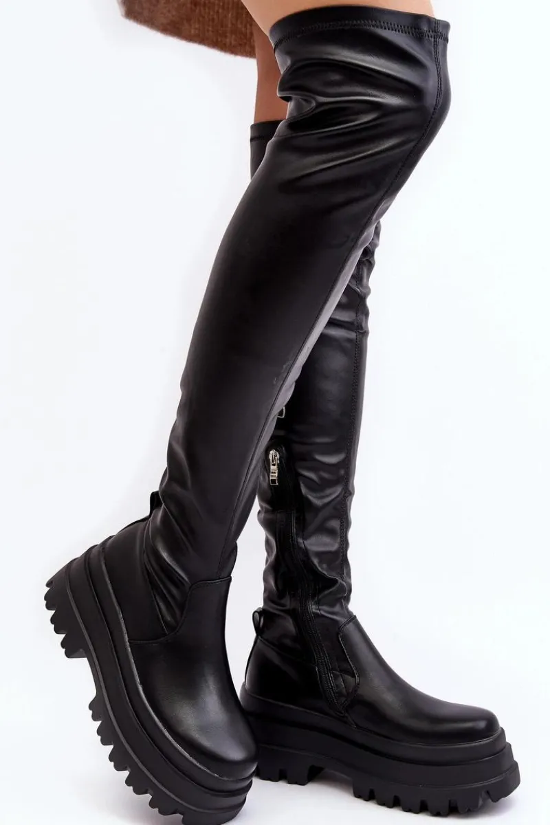 Sale Kozaki Damskie Za Kolano Na Masywnej Podeszwie Czarne Chinasa Damskie Muszkieterki|Kozaki Za Kolano